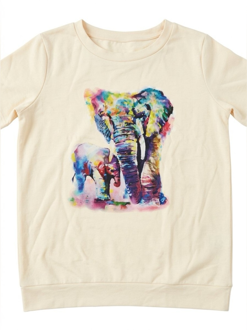 Colourful Elephant Graphic Longsleeve Crewneck Sweater Size Small Cream Yellow